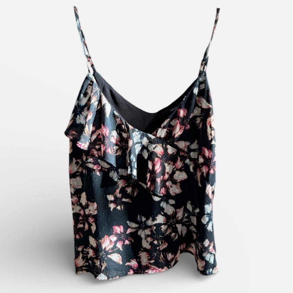 Aqua Floral Spaghetti Strap Textured Top - Dark Forest Green